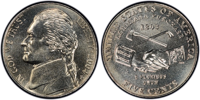 Side-by-side comparison of normal 2004-P Peace Medal nickel versus DDO FS-101 showing doubling on date and LIBERTY