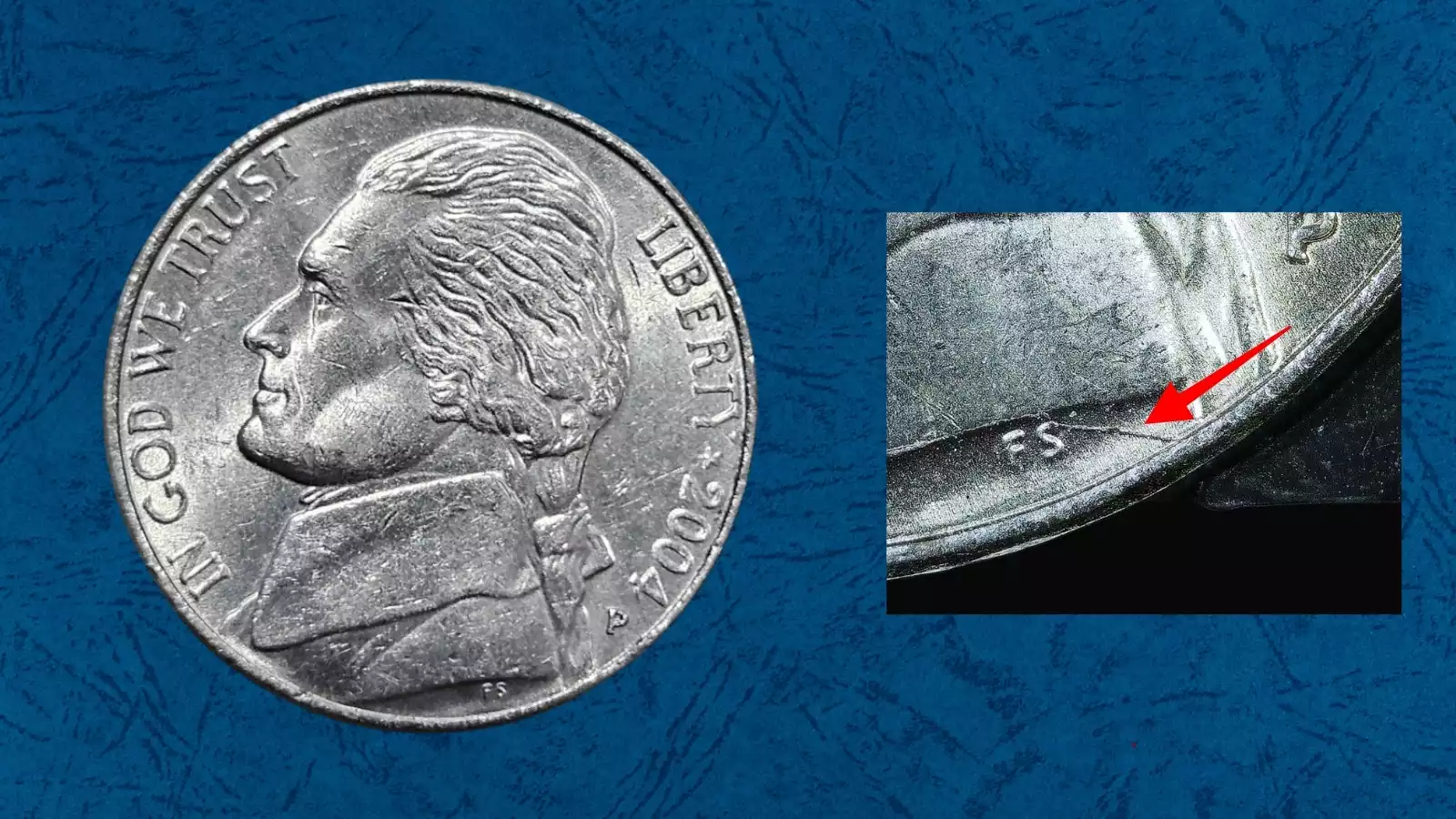 2004-D nickel brockage error showing incuse mirror image of the obverse design pressed into the coin surface