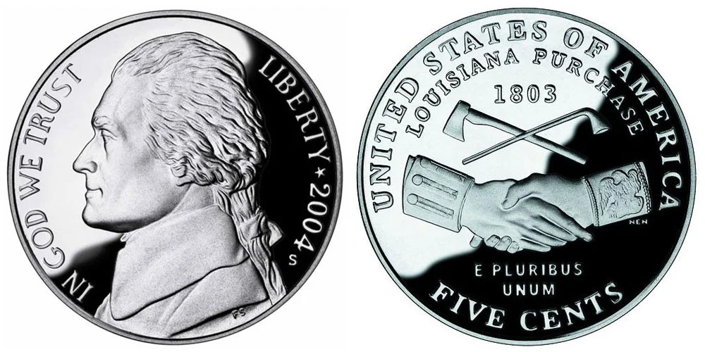 Group of all four 2004 Westward Journey Jefferson nickel business strike varieties showing Peace Medal and Keelboat designs from Philadelphia and Denver