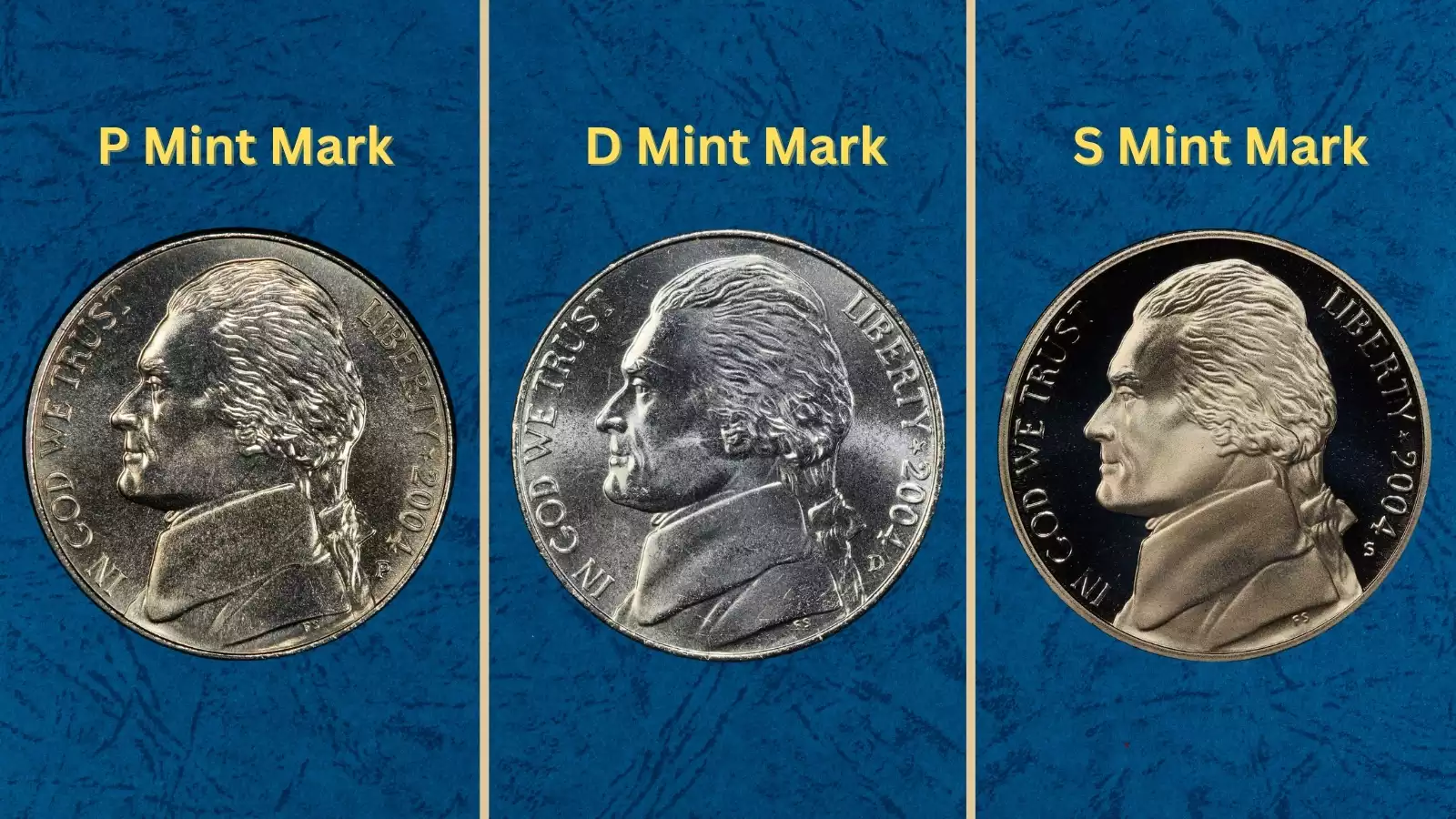 Grading strip showing four 2004 Westward Journey Jefferson nickels in worn, circulated, uncirculated, and gem condition tiers